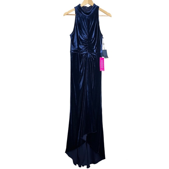 NWT Adrianna Papell Velvet Stretch Sheath Twist Front Halter High Low Hem Gown - Picture 2 of 16